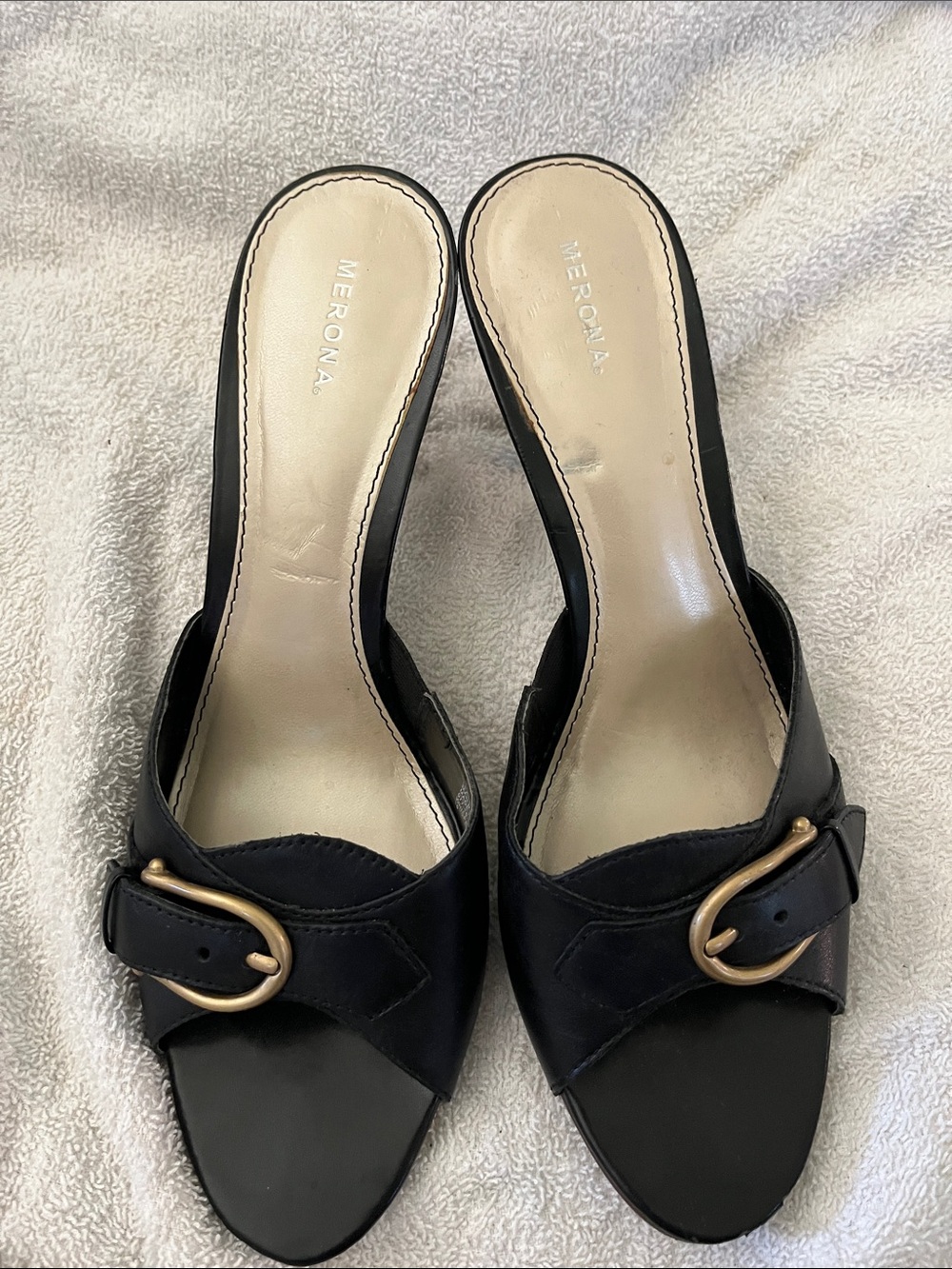 Merona Black Slide Mules with Gold Buckle Detail